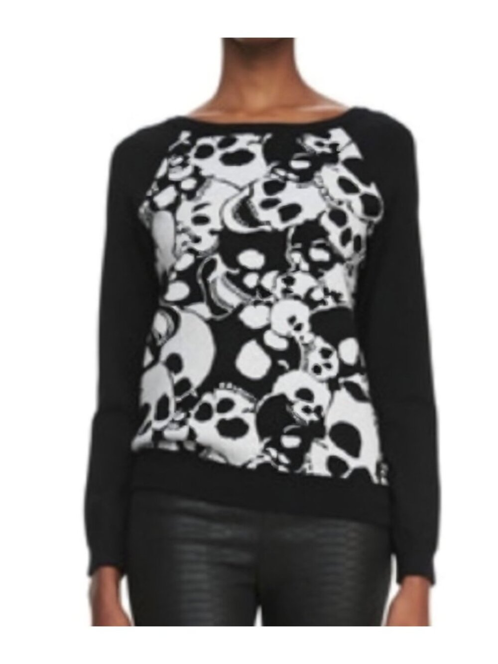 Anthropologie Milly Raglan Skull Sweater Black White M